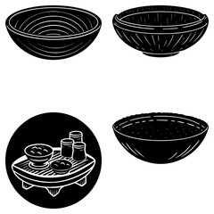 Various bowls and containers depicted in a black and white illustration showcasing different shapes and sizes