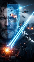 Obraz premium A cyberpunk warrior with a glowing sword reflects the neon city in his eyes, poised for a storm-lit battle