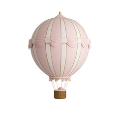 Obraz premium a pink hot air balloon with white stripes, light pink and gold nursery decor, on a plain background 