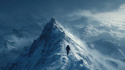 Lone climber ascends snowy mountain peak amidst stormy clouds
