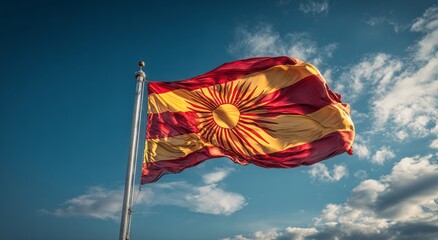 Kyrgyzstan Flag Flapping in Wind Against Blue Sky with Clouds