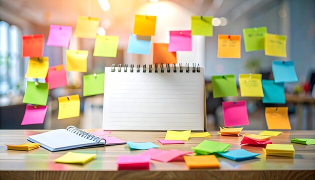 Colorful sticky notes and calendar on a desk - Powered by Adobe