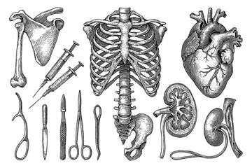Vintage anatomy illustrations with skeletons, skulls, heart and medical tools in engraving style, Transparent Background