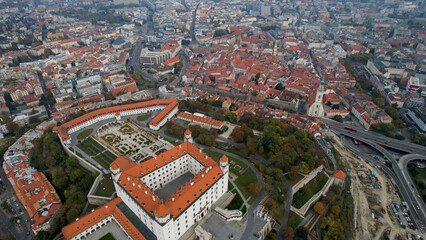 Aerial view around the city capitol Bratislava in Slovakia on a cloudy autumn day.