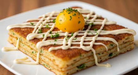 Savory Layered Pancake with Sunny Side Up Egg.