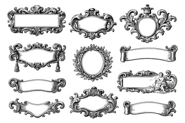 Vintage Ornamental Frames and Decorative Borders in Classic Engraving Style, Transparent Background
