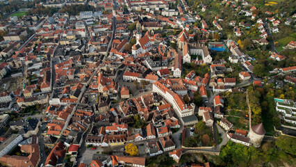 Aerial wide view around the city Krems an der Donau in Austria on a sunny autumn morning day
