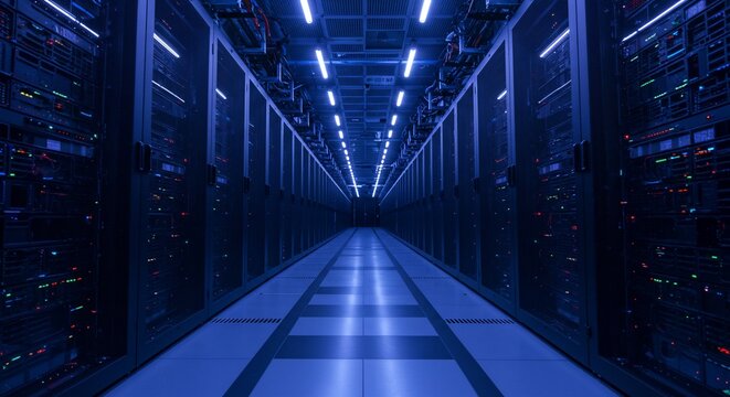 Blue Lit Server Room Corridor Rows of Data Servers