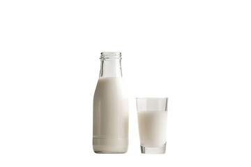 Glass bottle and glass filled with milk isolated on a transparent background beverage