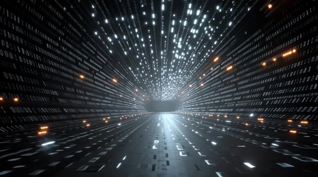 Futuristic digital tunnel with light streams and glowing particles creating depth perception.