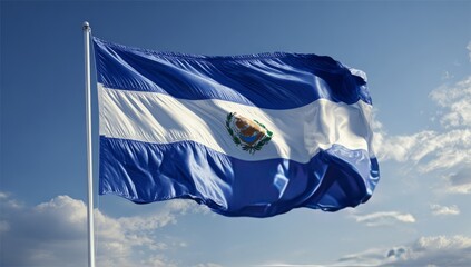 Flag of El Salvador Waving in Bright Sunny Sky with Clouds