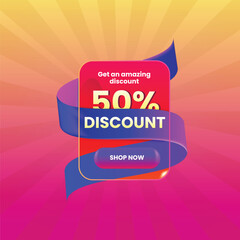 "Modern 50% Discount Banner Design with Colorful Ribbon and Gradient Background for Online Shopping Promotion
