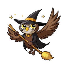Magical owl witch flying on a glowing tiny broomstick vector illustration | Halloween fantasy animal art for spooky designs