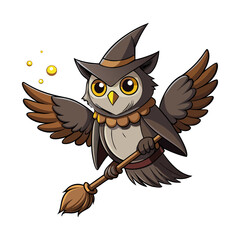Magical owl witch flying on a glowing tiny broomstick vector illustration | Halloween fantasy animal art for spooky designs