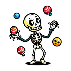 Halloween skeleton juggling glowing candies vector illustration, spooky festive character design for t-shirt, party decor, stickers and posters