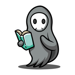 Cute Halloween ghost holding tiny glowing book vector illustration, magical spooky spirit reading enchanted story, isolated design for print and digital