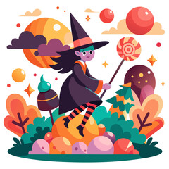 Magical Witch Flying Broomstick Over Glowing Candy Forest, Halloween Fantasy Vector Illustration, Spooky Enchanted Night, Colorful Halloween Design
