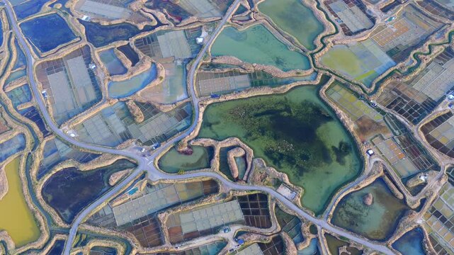 Aerial view of the salt fields of Guerande France at sunset