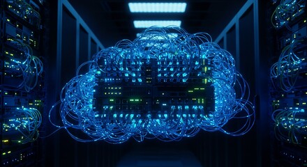 Glowing Blue Network Cables Forming Cloud Shape in Server Room