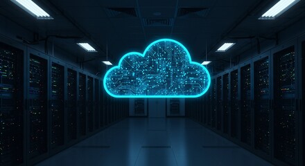 Glowing Circuit Cloud in Dark Server Room