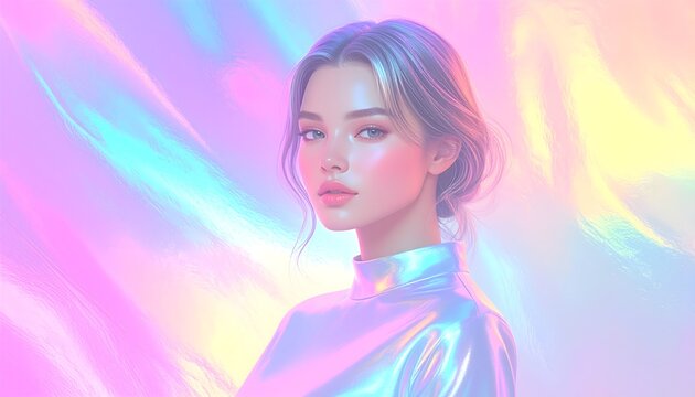 Cyber Chrome Stream with beautiful woman portrair. Abstract Chrome Background