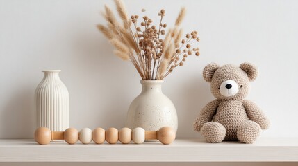 Minimalist Still Life with Dried Flowers Vase and Plush Teddy Bear on Shelf
