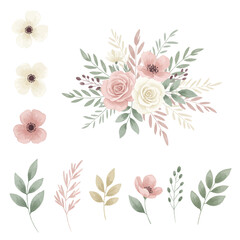Delicate vector illustration with soft watercolor washes depicts pastel flowers and graceful foliage in blush pinks, creamy whites, and muted greens, conveying tranquil natural beauty.