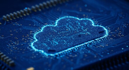 Glowing Cloud Symbol on Circuit Board Closeup
