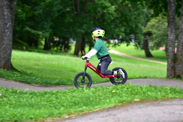 Fototapeta premium Toddler boy wearing helmet rides red balance bike on asphalt pump track. Active child learning balance and coordination while enjoying outdoor play in park.