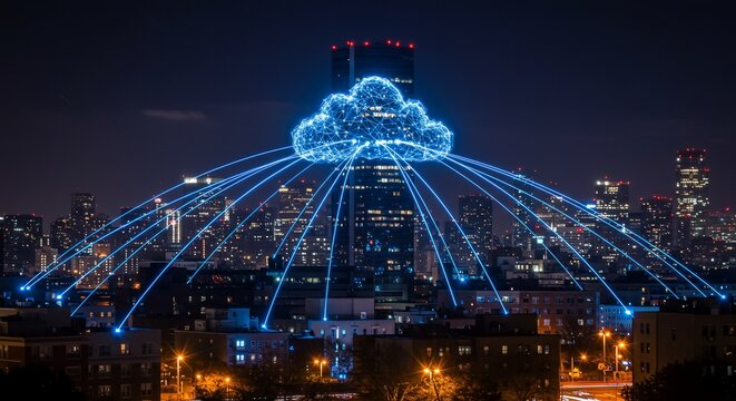 Illuminated Cityscape with Cloud Computing Network - Powered by Adobe