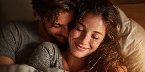 view of beautiful happy young couple hugging while sleeping on bed