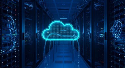 Illuminated Cloud Symbol in Data Center Server Room
