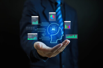 Artificial intelligence and big data analytics concepts with digital charts, graphs and AI technology from business professionals for innovation, finance and strategy. Ideal for presentations.