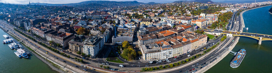 Aerial view of the city Budapest in Hungary on a sunny day in autumn.