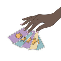 Dark skinned female hand with tarot cards, minimalism, isolated on white, fortune telling, prediction