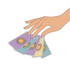 Female hand over tarot cards, minimalism, isolate on white, fortune telling, prediction