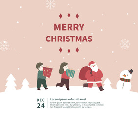 Christmas illustration card template with santa and gifts.