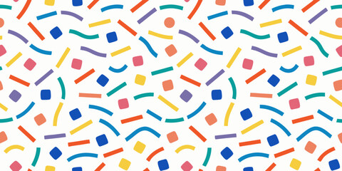 Abstract seamless pattern with colorful geometric shapes and wavy lines on white background