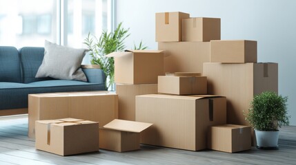 Cardboard boxes stacked living room packaging lifestyle photography commerce product concept