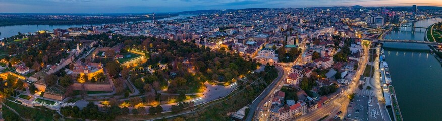 Aerial view around the city capitol Belgrade in Serbia on an early night on an autumn day.