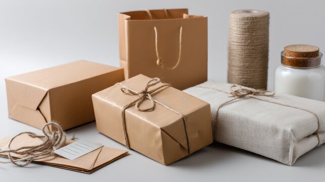 Cardboard packages tied with string rustic packaging lifestyle photography commerce background