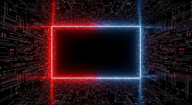 Neon Glowing Frame in Digital Space. - Powered by Adobe