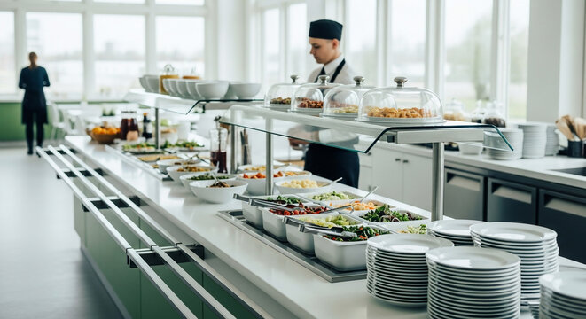 Man serving food at a modern cafeteria buffet line