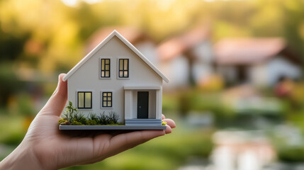 Hand holding a small white model house, symbolizing the dream of homeownership, real estate, or property investment.