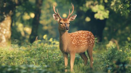 Deer standing amid the soft sunlight in a tranquil forest.