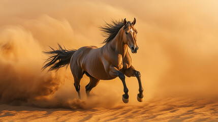 A majestic horse galloping swiftly through a dusty desert, conveying a sense of power.