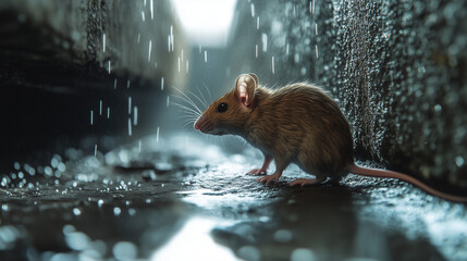 Close-up of a rat in a narrow, dirty space with rain falling.