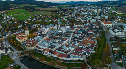Aerial view of the city Freistadt in Austria on a very late afternoon in autumn.