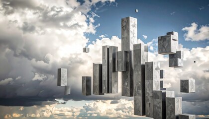 Abstract Architectural Cubes Floating Against a Dramatic Cloudy Sky