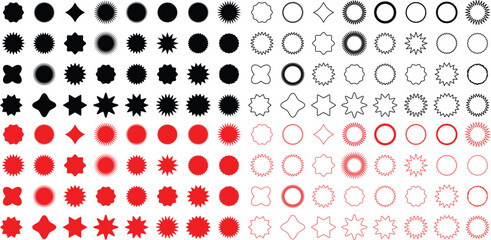 Black and red  Starburst. Circle sale sticker set. Wavy edge promo black and red badges. Special offer price tag. Sale, promo label color design. Vector illustration
